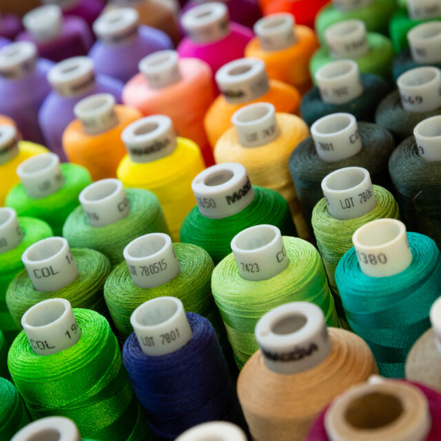 Spools of multiple brightly colored embroidery threads.